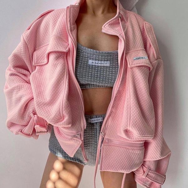 

women's jackets zipper cargo jacket fashion cool women checkered pink oversized bubble coat irregular big pockets stand collar detachab, Black;brown