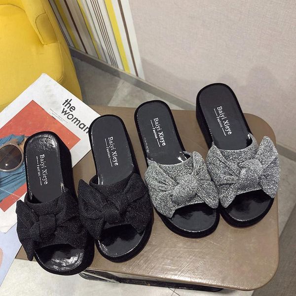 

women sandals summer ladies flat slippers thick-soled wedge bow causal female soft beach shoes c#, Black