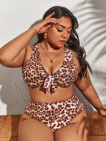 

plus leopard knot front bikini swimsuit q5jl#, Black