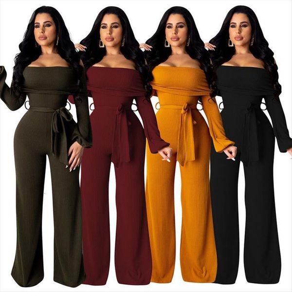 

off shoulder knit womens romper ribbed with bandage long sleeve wide pants rompers 4 color, Black;white
