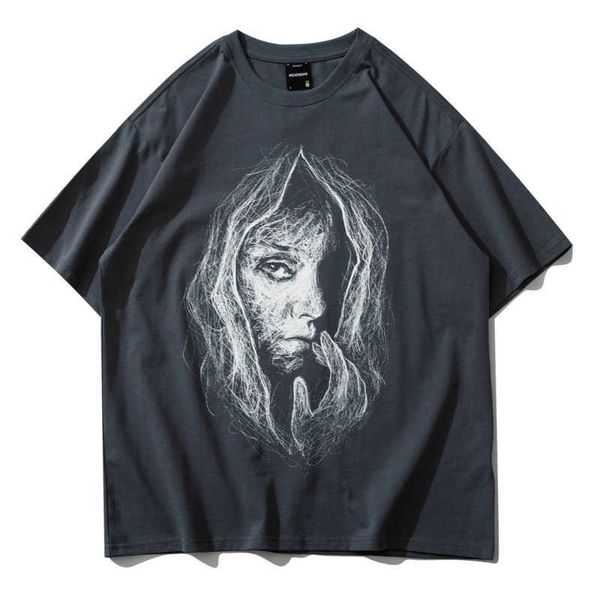 

men streetwear retro sketch portrait prented t shirt short sleeve oversized women t-shirt harajuku gothic cotton tees 210527, White;black