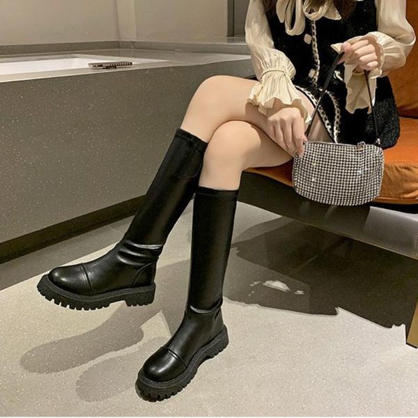 

boots knee high long knight women autumn belt buckle thick-soled stretch fashion leather zipper designer, Black