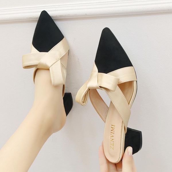 

slippers riband flock silk patchwork women mixed colors pointed toe mules shoes woman flipflops thick high heels slides female, Black