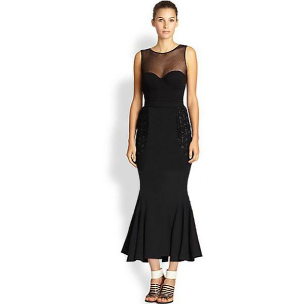 

summer women's black lace mermaid tank bodycon bandage dress ruffles maxi club celebrity evening party 210423, Black;gray