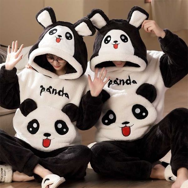 Varış Kış Pijama Kadın Erkek Coralfleece Pijama Karikatür Panda Hoodie Pijama Kalınlaşmak NightClotes Severler 211211