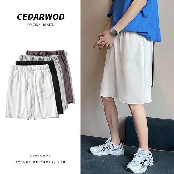 

summer drawstring shorts men's fashion solid color casual men streetwear loose straight ice silk mens clothing, White;black