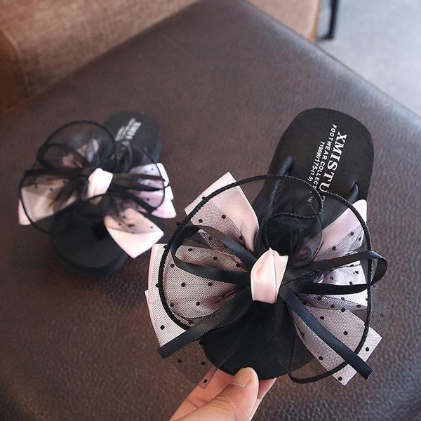 

slipper girls slippers sweet bowknot kids fashion flip flops cute princess shoes baby cool drag parent chils 25-42#, Black;grey