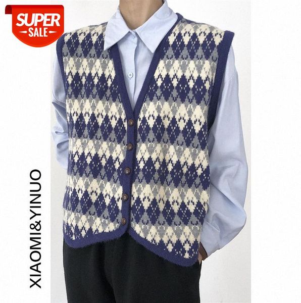 

[ou fan] 7721 retro color matching rhombus small vest repeatedly wear v-neck age-reducing knitted women #962n, Black;gray