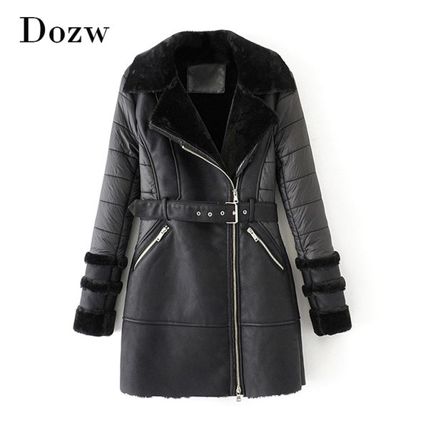 Mulheres grossas casaco preto aquecido inverno outono de manga longa chique falso jaqueta de couro senhora zíper Sashes elegante MIDI 210515