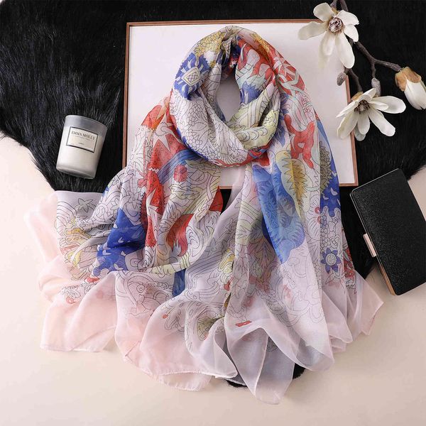 

new hangzhou green silk bright chiffon scarf female cartoon flower print spring summer autumn travel beach towel, Blue;gray