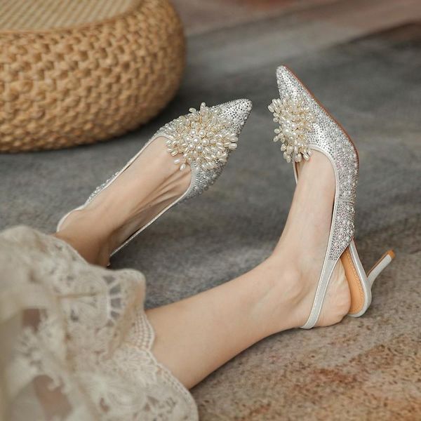 

sandals 2021 luxury designers women summer microfiber rhinestone bling pointed toe bead flower ladies wedding party shoes, Black
