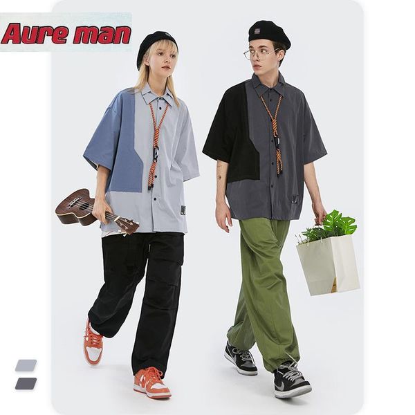 

men's casual shirts clothing 2021 spring/summer trendy brand personalized cut contrast color double lapel loose leisure all-matching sh, White;black