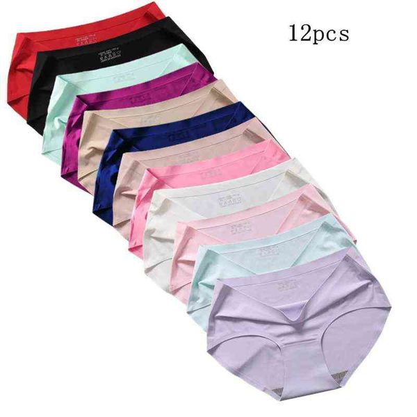 

12pcs women's seamless underwear solid silk panties for women girl skin briefs female underwear lady lingerie knickers underpant 211109, Black;pink