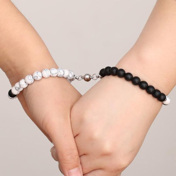 

2pcs/set 8mm natural stone beaded bracelets elastic distance magnet couple bracelet for lovers paired jewelry charm, Golden;silver