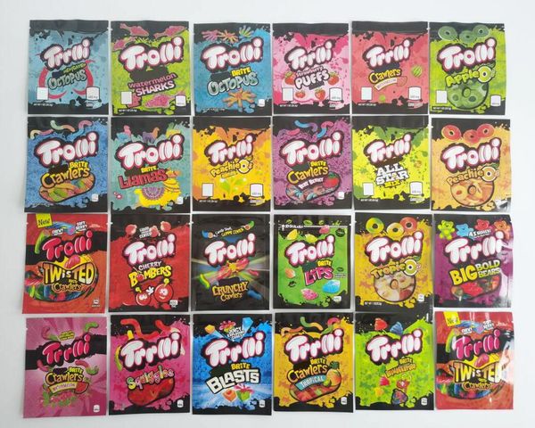 

24 types mylar bag trolli trrlli errlli edibles gummies packaging resealable zipper pouch 600mg custom logo