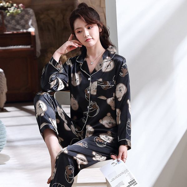 

young lady 2pcs pajamas suit autumn new turn-down collar shirt&pant sleepwear casual home clothes cute cartoon print nightwear, Black;red