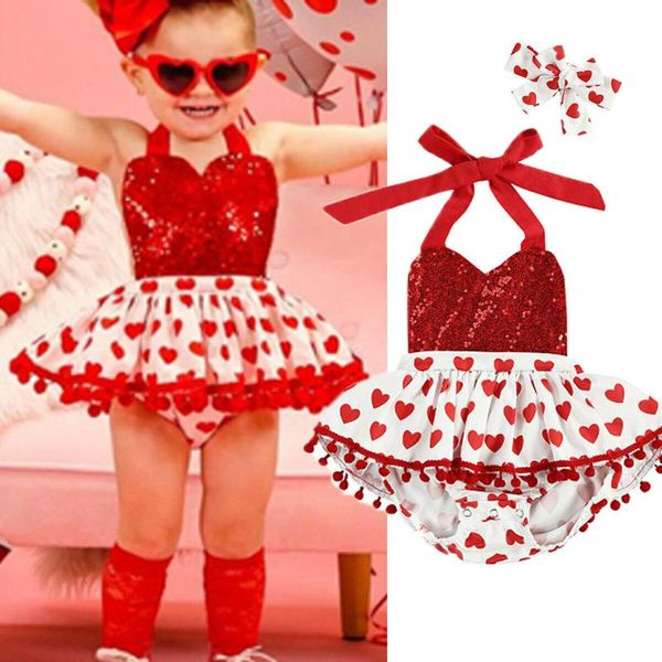 

rompers valentines day born baby girls romper dress headband love heart print sequined jumpsuits 0-24m, Blue