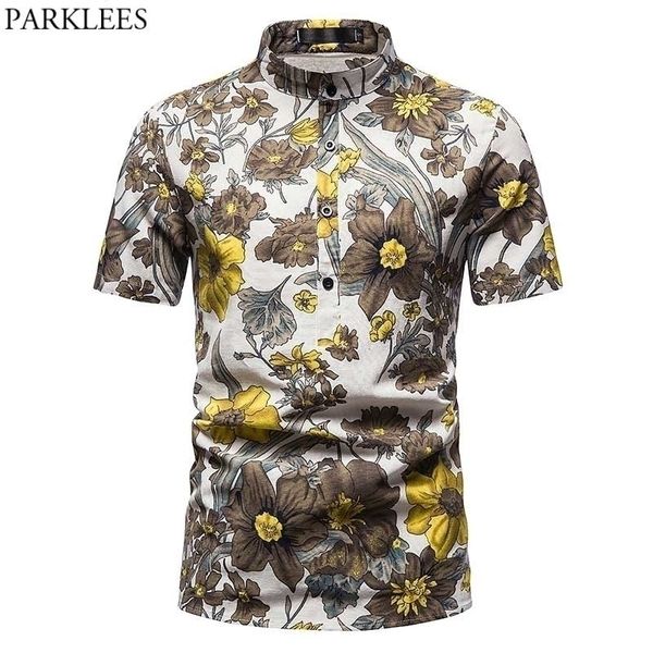 Homens Amarelo Floral Aloha Hawaiian Camisa Carrinho Colarinho Metade Botão Algodão Praia Camisas Mens Casuais Férias Férias Chemise Home 210522