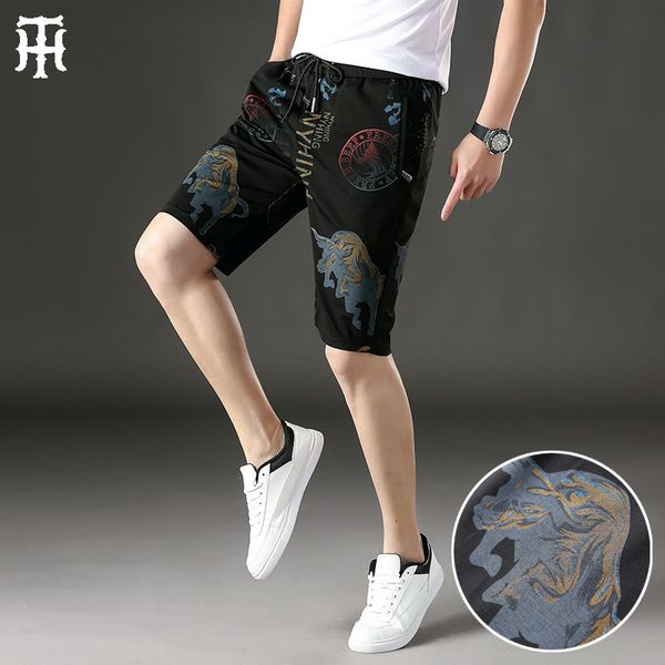 

pants fashionable the large size casual men's brand european elastic capris digital printed sports shorts wear, Black