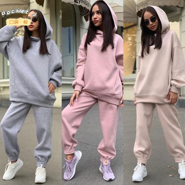 

women's two piece pants [pocket j] autumn and winter long-sleeved sweater trousers 2-piece set home leisure sports loose knit hooded su, White