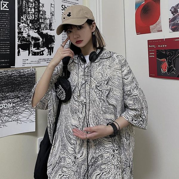 

women's blouses & shirts korean fashion abstract graphic for women 2021 summer high street clothing teenage girls loose fit short sleev, White
