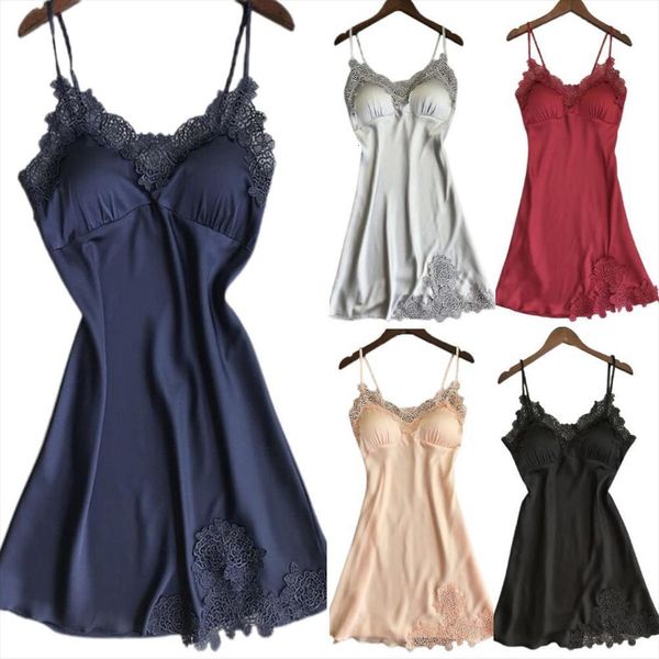 

solid color lace sling women sleepwear nightdress sleeveless ice silk lingerie dress nightwear, Black;red