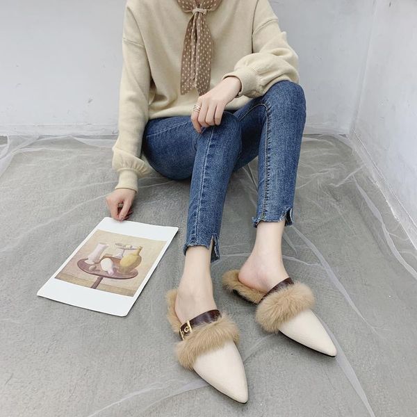 

slippers 2021 women's summer furry ladies plush faux transparent sandals fur square toe casual outdoor flat slides, Black