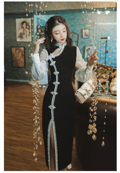 

casual dresses spring original design chinese style long-section stand collar high slip hit color cheongsam dress for women, Black;gray