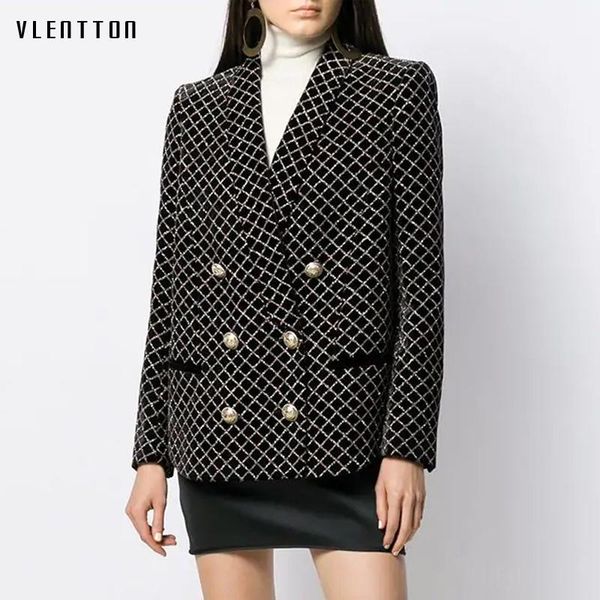 

winter black shiny plaid velvet women's blazer jacket v-neck lion button suit coat female office lady blazers mujer suits &, White;black