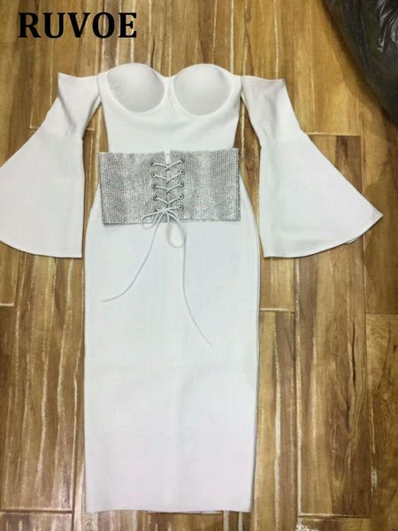 

casual dresses winter slash neck strapless ruffles long sleeve bandage dress with crystal waist back slit celebrity birthday party a-20, Black;gray