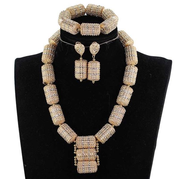 Ohrringe Halskette 2022 Dubai Gold Schmuck Sets Mode Braut Geschenk Nigerian Hochzeit Afrikanische Perlen Set Chunky Anhänger QW1194-1