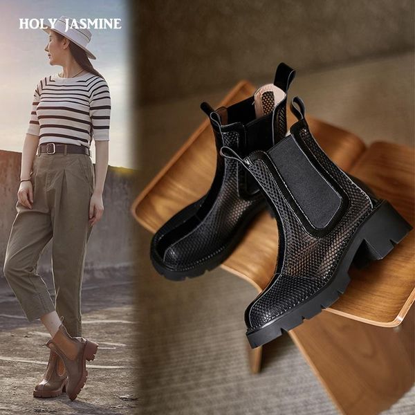 

cool boots genuine leather mesh female pumps spring summer round toe square high heel women shoes for, Black