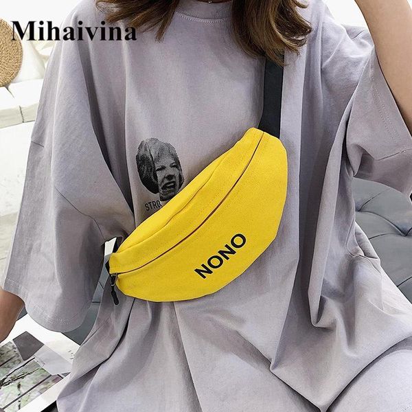 

mihaivin canvas waist bag women fanny pack print letter packs belt harajuku fashion chest sac banana femme bags