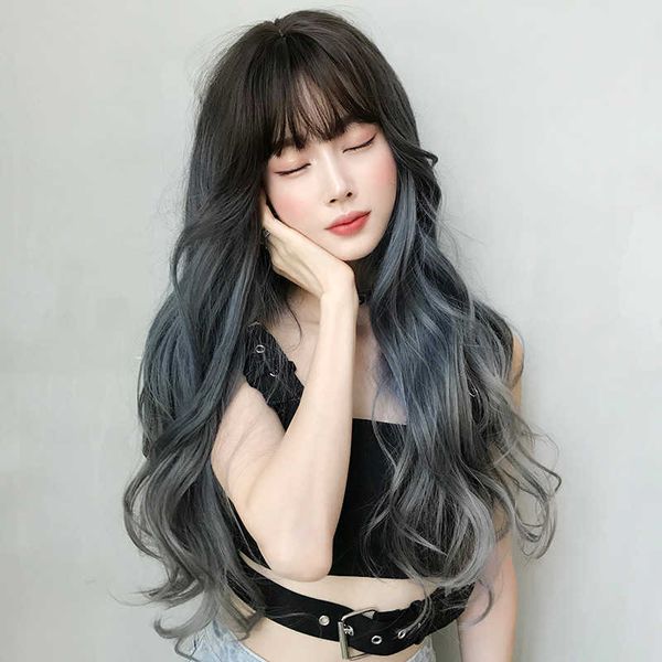 

hair lace wigs wig women's long hair big wave gradual change blue gray net red head set, Black