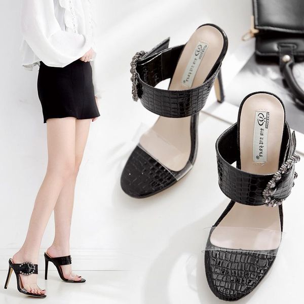 

female shoes slippers heels slides low fashion 2021 high thin luxury pu rome fabric rubber basic super high-heeled lad, Black