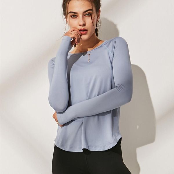 

yoga outfit women's autumn shirt loose solid color sports football t long sleeves breathable mesh quick dry o-neck sportswear