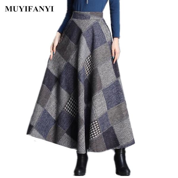 

skirts 2021 autumn winter vintage wool skirt womens elegant ladies plaid casual high waist pleated long plus size, Black