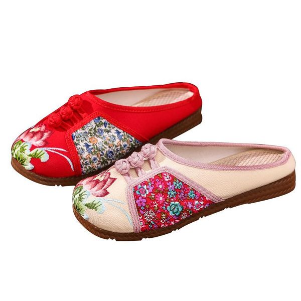 

yuan embroider softcotton fabric women embroidered pointed toe mules slippers summer retro ladies comfort embroidery slide shoes, Black