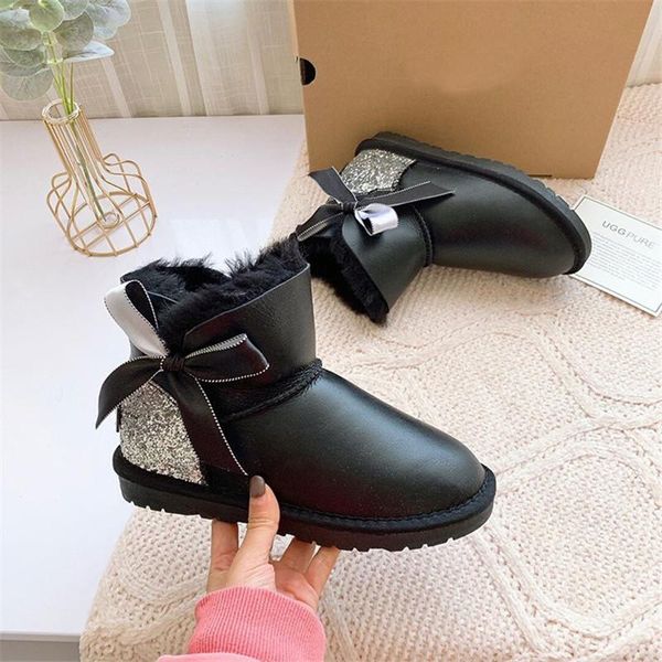 

boots natural wool snow shoes women real sheepskin women's genuine flats, Black