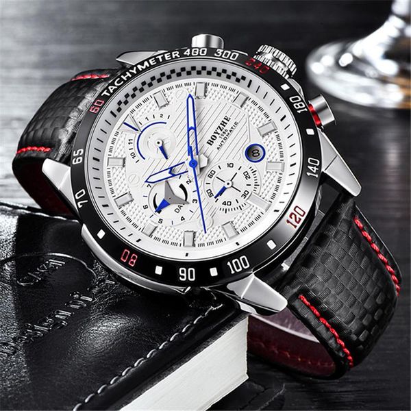 

wristwatches boyzhe casual leather strap men's automatic mecanical watch multifunction display waterproof sport watches reloj hombre, Slivery;brown