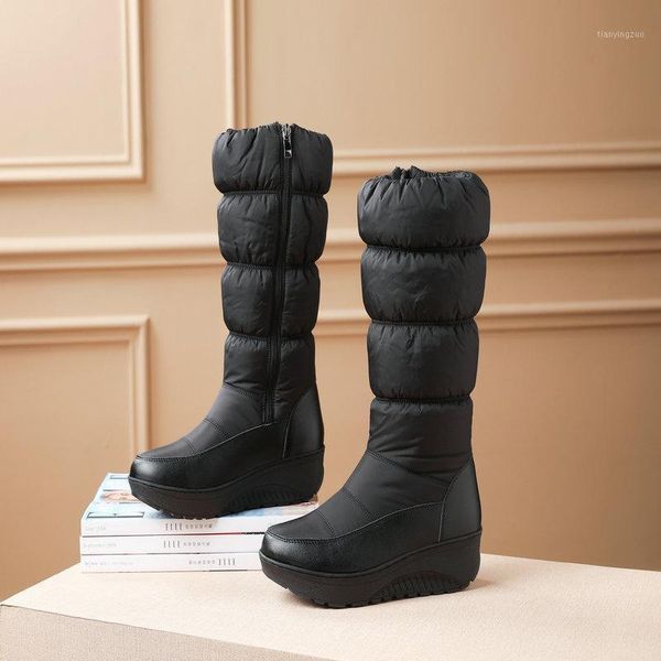 

boots warm women snow winter ladies fashion platform wedged med heels mid-calf long shoes woman size 42 43 441, Black