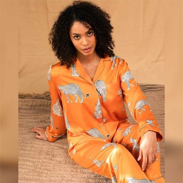 

hiloc animal print 2 piece set women sleepwear long sleeve trouser suits pattern turn down collar loose female autumn 211126, Black;red