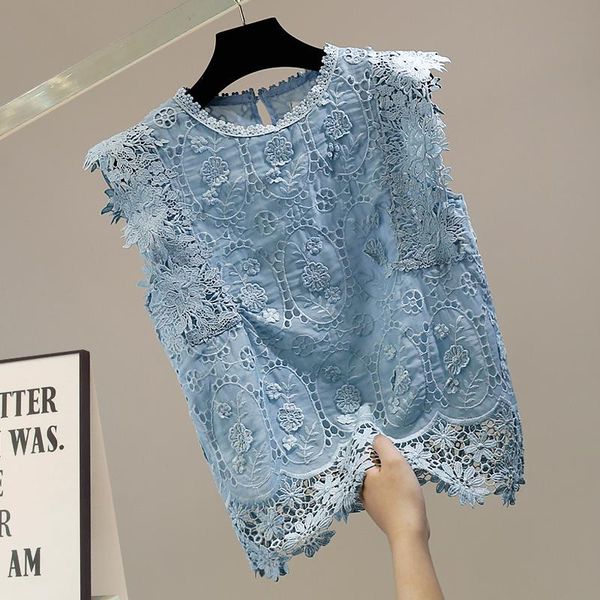 

women's blouses & shirts crochet hollow lace shirt for woman pullover sleeveless fashion design temperament slimming ladies blusas, White