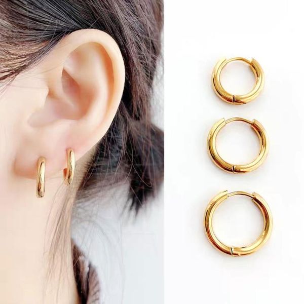 

hoop & huggie 1 pair stainless steel small chunky earrings for women gold black circle ear ring piercing, Golden;silver