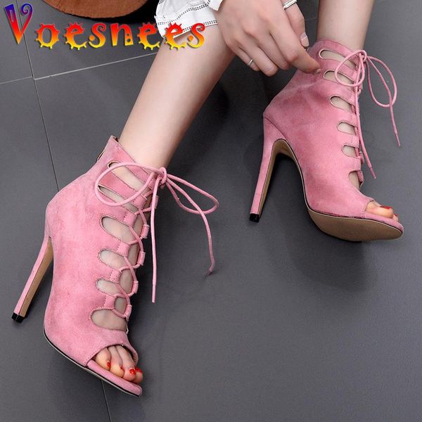 

voesnees lace-up high-women sandals 2021 summer fashion straps peep toe high heels 11cm thin ladies catwalk shoes dress, Black