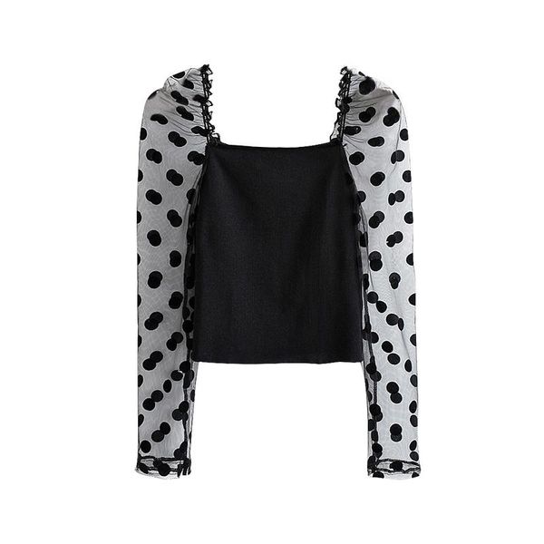 

summer women patchwork lace blouse organza dot print long sleeve shirt chic square neck bodycon ladies women's blouses & shirts, White