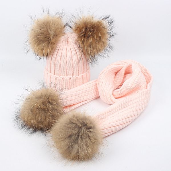 

autumn and winter children's double raccoon dog hair ball knitted hat scarf two piece set, Blue;gray