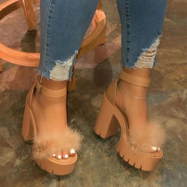 

dress shoes summer women fur high heels sandals women's platform ankle strap open toe outdoor fashion female, Black