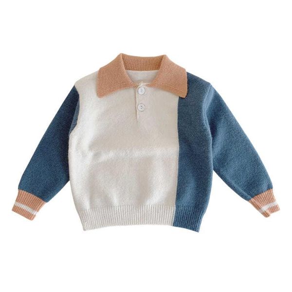 

lapel stitching shirt boys knitted sweater spring and autumn clothes pullover, Blue