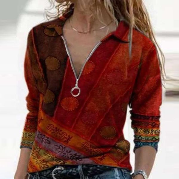 

women's blouses & shirts 2021 autumn women shirt retro printing zipper v-neck ladies long sleeve pullover streetshirt casual blouse, White